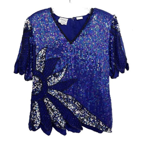 Vintage Stenay Silk Sequin Top V-Neck Short Sleeve Blue Small 80s - Picture 1 of 8